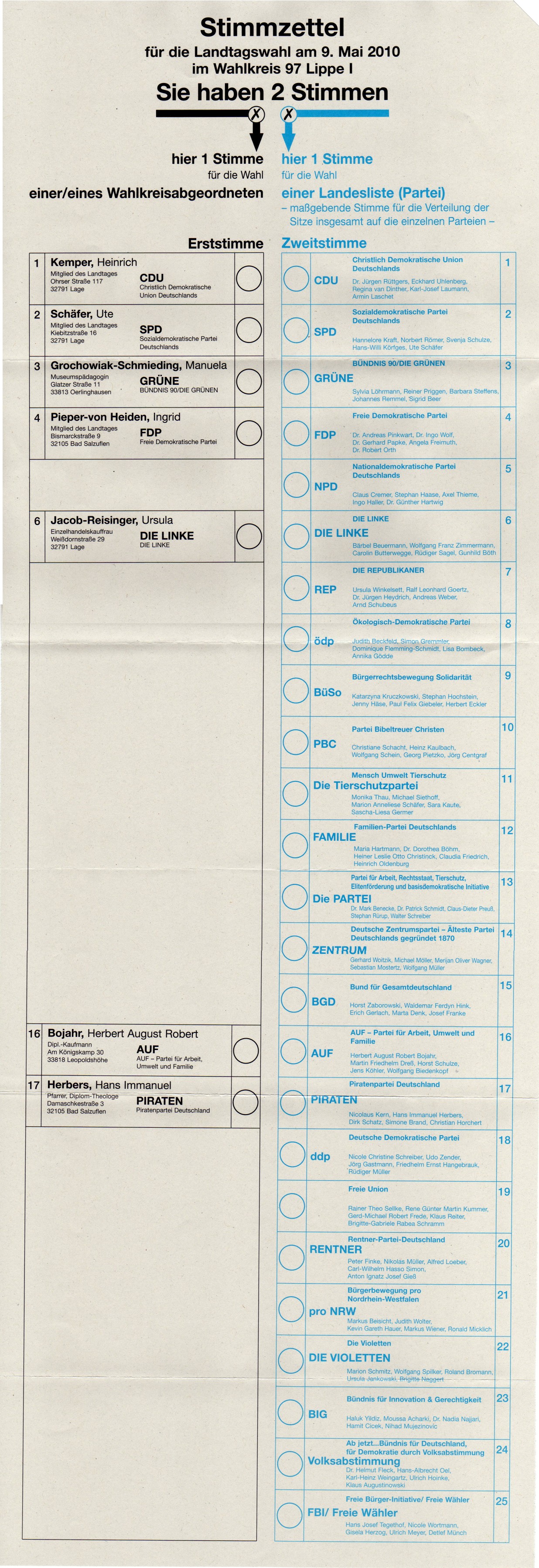 Muster Stimmzettel Zur Landtagswahl 2010 In Nrw Update Wahlumfrage De